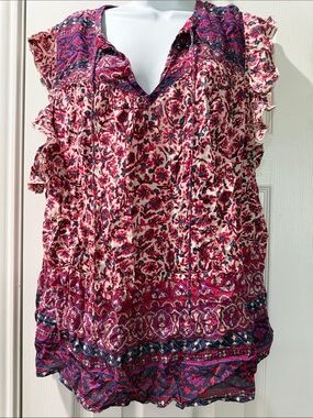 Lucky Brand Pink Multi Floral Ruffle Sleeve V-Neck Blouse